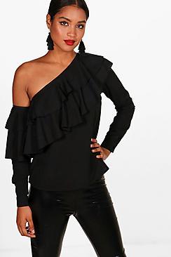 Boohoo Aimee Woven Ruffle One Shoulder Top