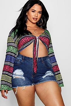 Boohoo Plus Sadie Tribal Tie Front Wide Sleeve Crop