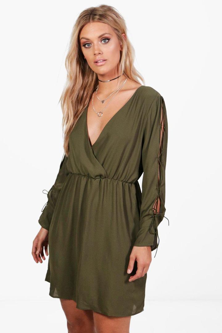 Boohoo Plus Jules Lace Up Sleeve Woven Wrap Dress Khaki