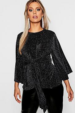 Boohoo Plus Metallic Kimono Tie Waist Top