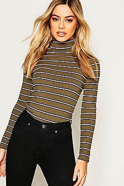 Boohoo Petite Stripe Knitted Rib Turtle Neck Top