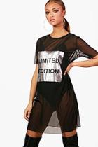 Boohoo Mesh Metallic Slogan T-shirt Dress