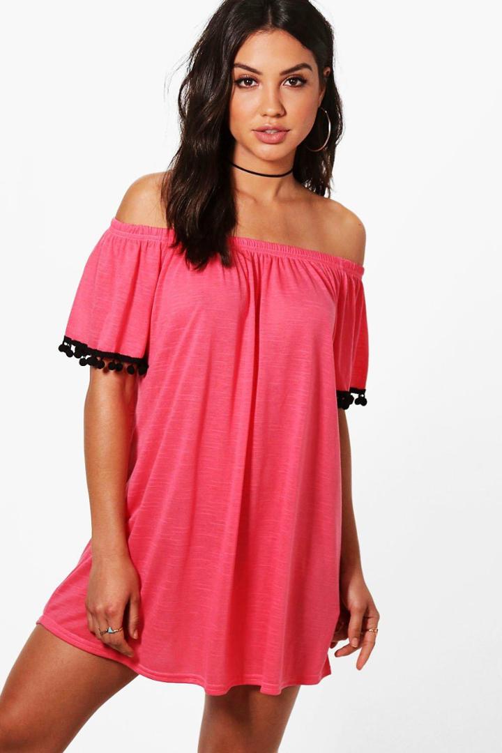 Boohoo Anya Pom Pom Bardot Beach Dress Coral