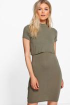 Boohoo Petite Melanie Turtleneck Double Layer Dress Khaki