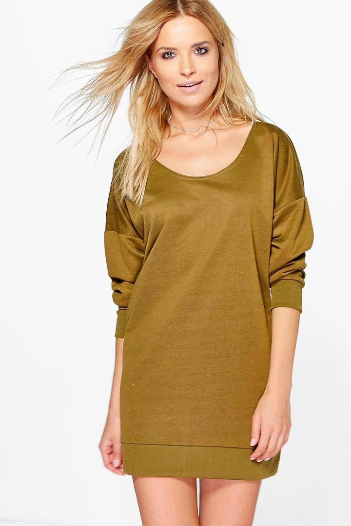 Boohoo Annita Slash Neck Sweat Dress Khaki