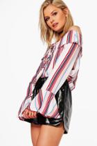 Boohoo Olivia Tie Neck Striped Bardot Shirt Multi