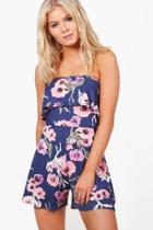 Boohoo Freyja Floral Bardot Jersey Playsuit Navy