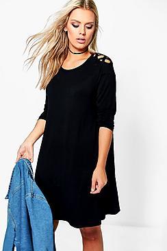 Boohoo Plus Cat Lace Up Detail Long Sleeve Swing Dress