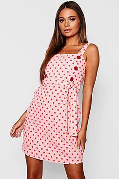 Boohoo Pink And Red Polka Dot Button Detail Shift Dress
