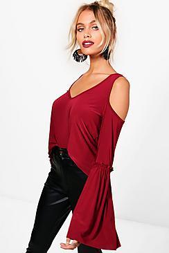 Boohoo Lisa Cold Shoulder Flare Cuff Top