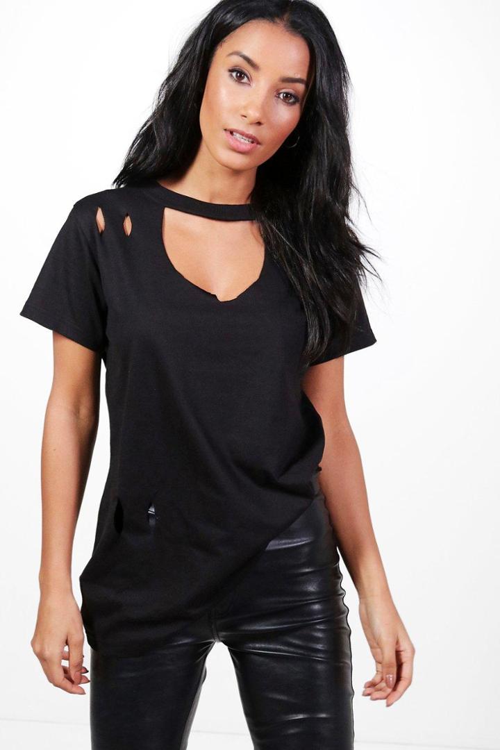 Boohoo Annabelle Distressed Plunge T Shirt Black
