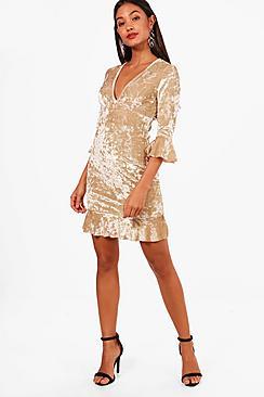 Boohoo Chritin Velvet Frill Detail Tea Dress