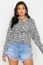 Boohoo Plus Woven Leopard Pussy Bow Blouse