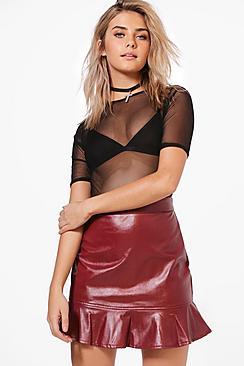 Boohoo Kate Drop Hem Leather Look Mini Skirt