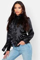 Boohoo Satin Tie Neck Covered Button Blouse