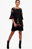 Boohoo Harper Embroidered Flared Sleeve Shift Dress