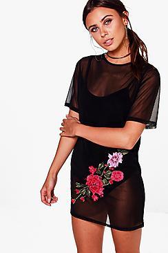 Boohoo Petite Faye Mesh Applique 2 In1 T-shirt Dress