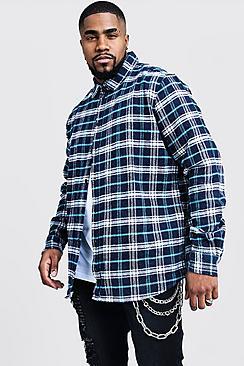 Boohoo Big And Tall Longline Check Shirt With Print