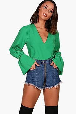 Boohoo Plunge Flare Cuff Woven Top
