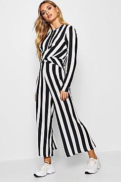 Boohoo Monochrome Stripe Twist Front Jumpsuit