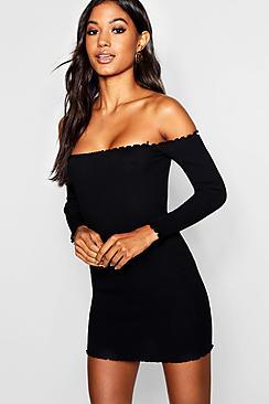 Boohoo Rib Lettuce Hem Bardot Dress