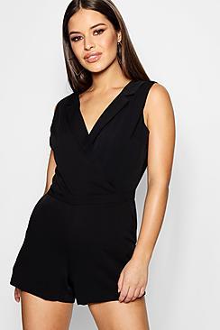Boohoo Petite Brooke Tailored Woven Wrap Front Playsuit