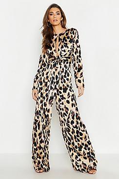 Boohoo Satin Leopard Tie Knot Jumpsuit