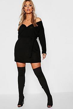 Boohoo Plus Knitted Off The Shoulder Wrap Dress
