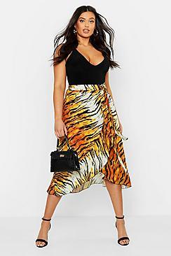 Boohoo Plus Tiger Print Ruffle Skirt