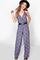 Boohoo Lily Deep Plunge Wrap Over Flared Leg Jumpsuit