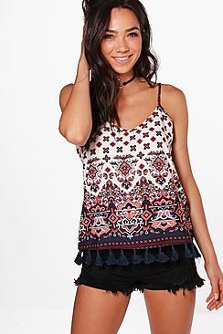 Boohoo Elena Woven Printed Tassel Hem Cami