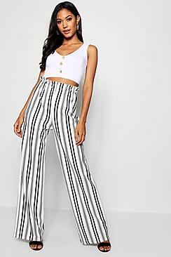 Boohoo Crepe Stripe Paperbag Wide Leg Trouser