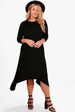 Boohoo Plus Pamela Long Sleeve Hanky Hem Swing Dress