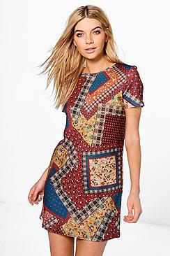 Boohoo Melody Printed Cap Sleeve Shift Dress