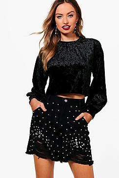 Boohoo Jenny Jewel And Pearl Studded Denim Skirt