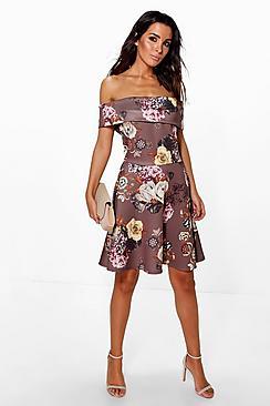 Boohoo Gracie Floral Oversized Bardot Skater Dress