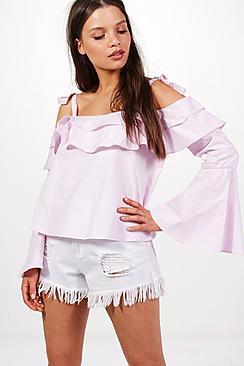 Boohoo Penelope Tie Bell Sleeve Off The Shoulder Top