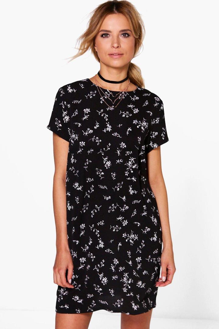 Boohoo Danerys Floral Cap Sleeved Shift Dress Black