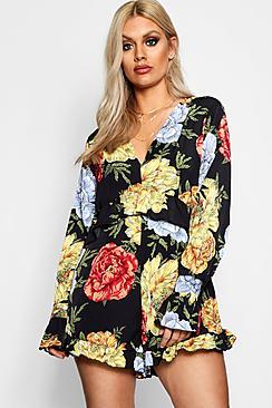 Boohoo Plus Shelly Ruffle Hem Printed Playsuit
