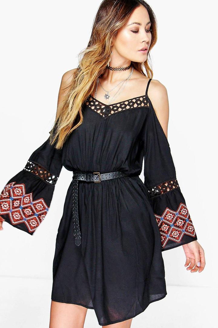 Boohoo Sai Embroidered Sleeve Open Shoulder Dress Black