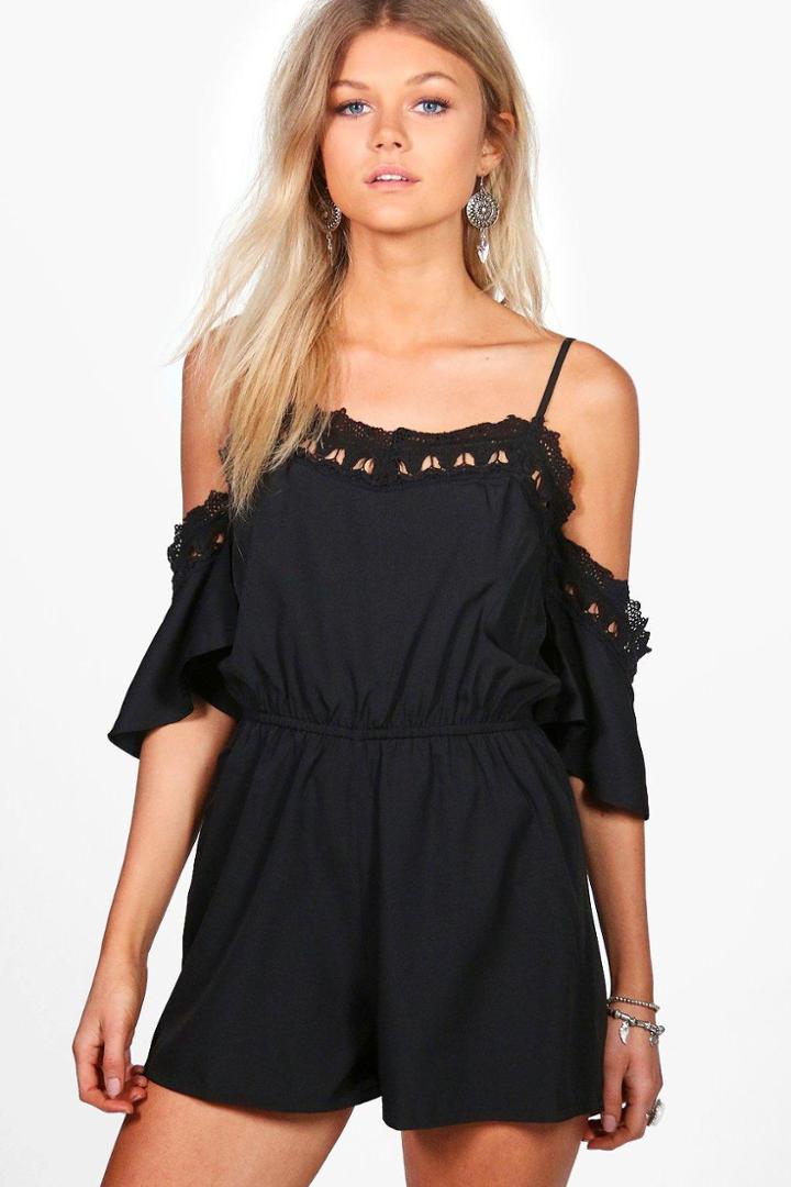 Boohoo Petite Averie Crochet Detail Open Shoulder Playsuit Black