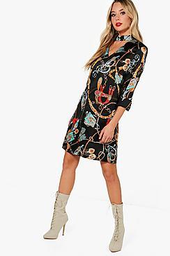 Boohoo Heidi Chain Print Choker Swing Dress