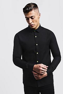 Boohoo Slim Fit Long Sleeve Shirt With Neon Yellow Buttons