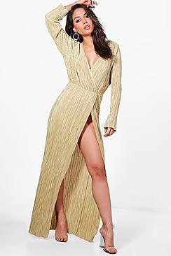 Boohoo Vicky Pleated Long Sleeve Wrap Maxi Dress