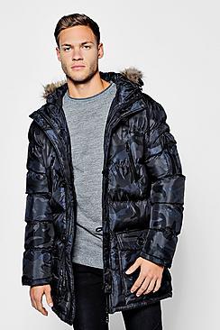 Boohoo Camo Padded Parka With Faux Fur Hood