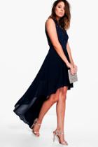 Boohoo Boutique Ruby Lace Top Chiffon Dip Hem Dress Navy