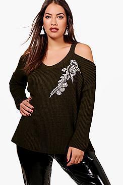 Boohoo Plus Jemima Open Shoulder Embroidered Jumper