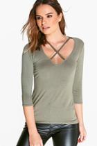 Boohoo Isobel Plunge Neck Strappy 3/4 Sleeve T-shirt Khaki
