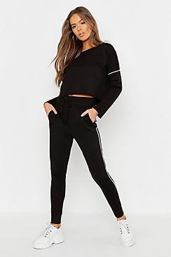 Boohoo Raw Edge Cropped Sweat & Piping Detail Jogger Set
