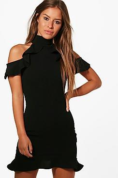 Boohoo Petite Ruffle Shoulder Dress